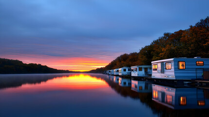 Vibrant Sunrise Over Water Reflecting Campers and Trees Along the Horizon with Golden and Blue Hues