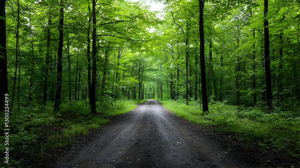 Poster shady forest path leading through dense green trees with sunlight filtering down
