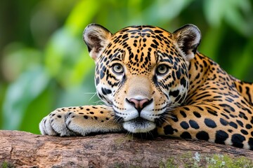 Obraz premium A jaguar resting on a tree branch in the middle of a thick jungle, eyes scanning the surroundings