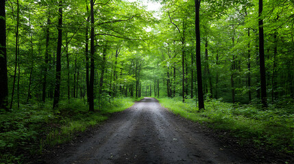 Fototapeta premium Shady Forest Path Leading Through Dense Green Trees With Sunlight Filtering Down