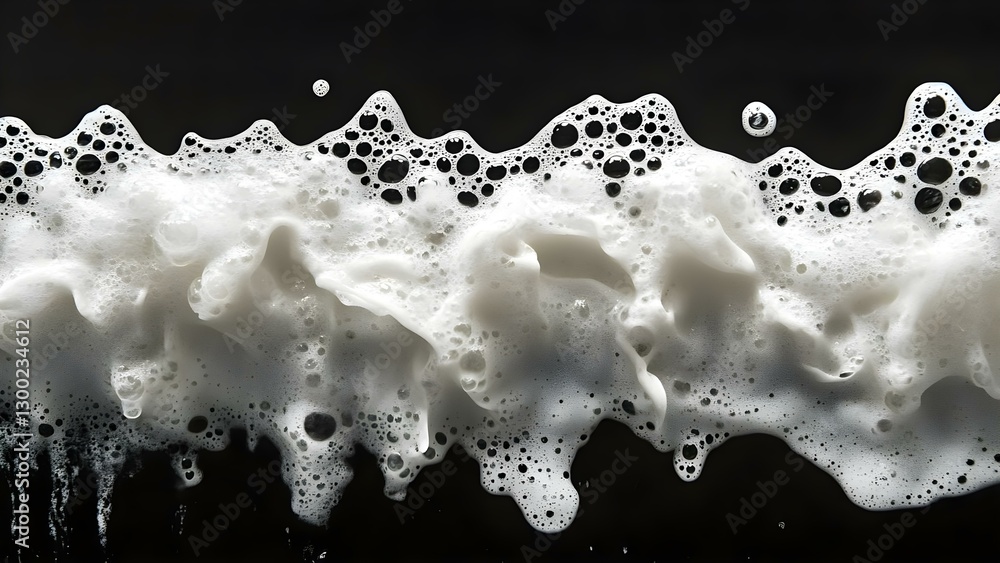 Poster a close-up view of white foam with bubbles against a black background, creating a textured and dynam