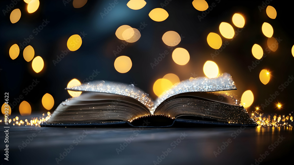 Poster opened book illuminated with golden lights and sparkling particles on dark background
