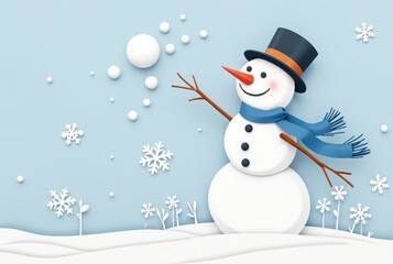 Snowman Throwing Snowballs in Winter Scene