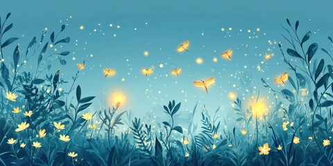Glowing fireflies flutter in the twilight meadow amongst flora