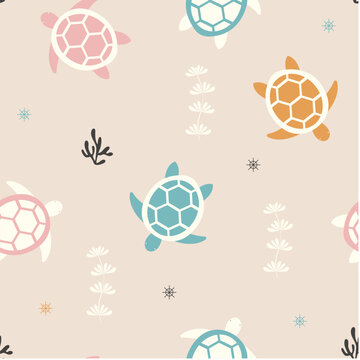 Seamless pattern with turtles and seaweed.