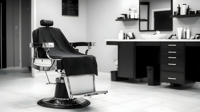 Classic Barber Shop Interior With Black And White Color Scheme Showing Salon Chair And Mirror