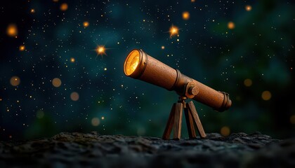 anticipation excitement curiosity. A symbolic depiction of a glowing telescope pointed toward a radiant constellation