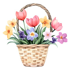 Obraz premium vibrant watercolor basket filled with spring flowers like tulips and daffodils, evoking cheerful and fresh atmosphere