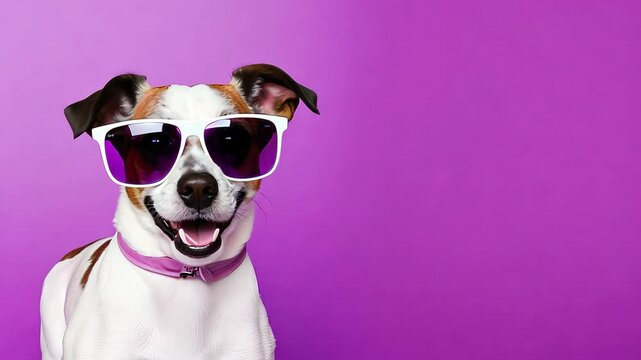 Funny and cheerful dog in sunglasses smiles on purple background. Family member, four-legged friend, domestic animals, pet care, copy space, vacation and holidays