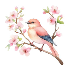 Fototapeta premium watercolor illustration of bird perched on branch with pink blossoms, evoking serene spring atmosphere