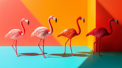 Naklejka premium Flamingo toys in motion, vibrant colors, simple yet creative design, evoking joy and playfulness.