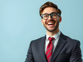 A portrait of a cheerful businessman with glasses, smiling against a light blue background.