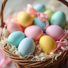 Easter basket filled with colorful eggs and pastel ribbons, creating a soft and cheerful spring holiday scene.
