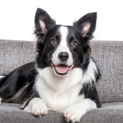 Fototapeta premium A happy dog snuggled up on a couch enjoying a cozy moment in a warm and inviting living room atmosphere