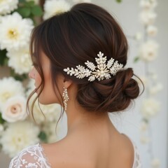 Naklejka premium Gold tiara with pearls on a white floral background, symbolizing bridal elegance and wedding luxury.