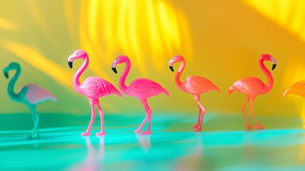 Obraz premium Flamingo toys in motion, vibrant colors, simple yet creative design, evoking joy and playfulness.