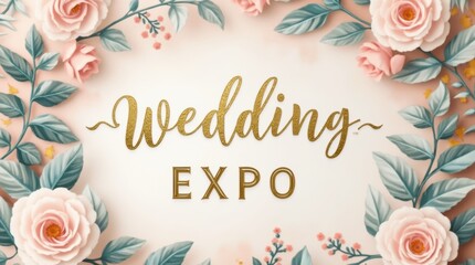 White and gold wedding expo sign with floral accents on pastel background, radiating a luxurious event atmosphere.