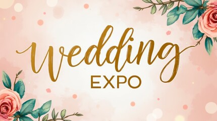 White and gold wedding expo sign with floral accents on pastel background, radiating a luxurious event atmosphere.