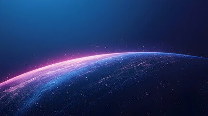 Fototapeta premium A view of a planet's horizon from space, with a glowing pink and blue atmosphere against a dark, starry background.