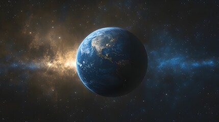Fototapeta premium A depiction of planet Earth from space, illuminated by a bright light source. The image is dark, emphasizing the Earth's blue and green features against the black backdrop of space.