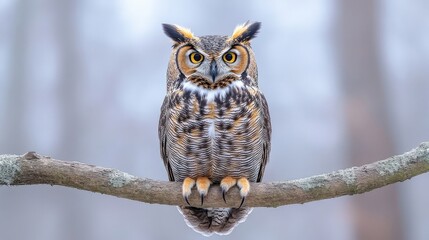 Great Horned Owl Perched on a Branch in Winter