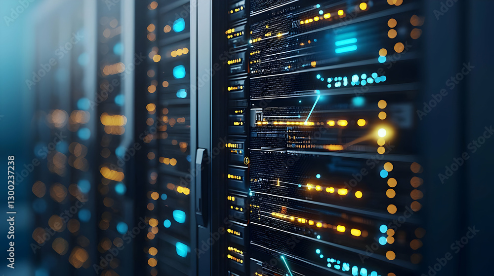 Aufkleber illuminated server rack rows with digital data center technology in blue and orange light