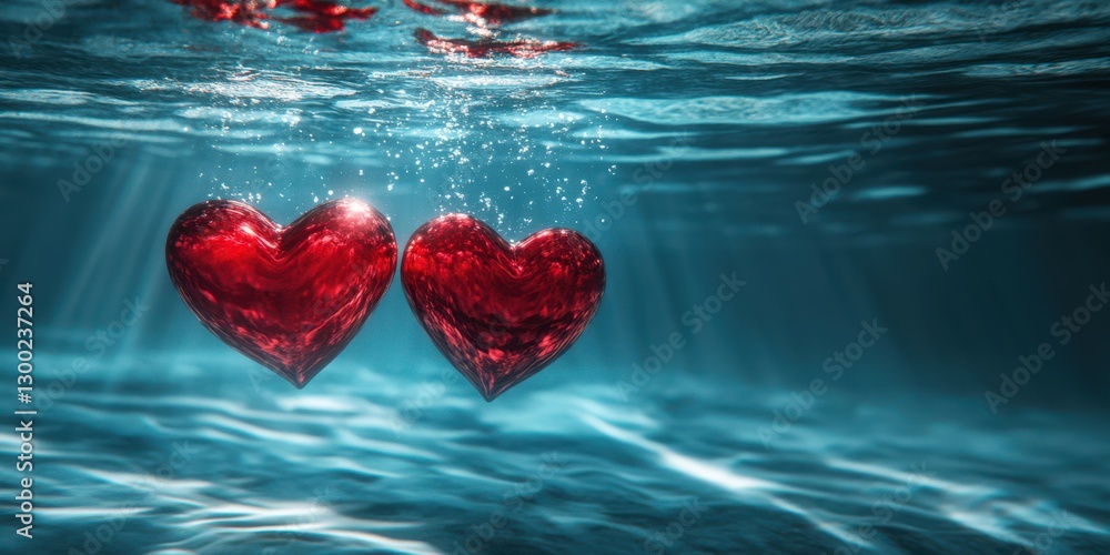 Aufkleber two red hearts floating underwater with bubbles during daylight creating a serene atmosphere