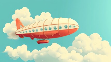 A cartoon airship flying high among fluffy white clouds in the sky