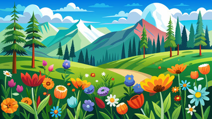 Naklejka premium flowers on hillside meadow with forest in mountain