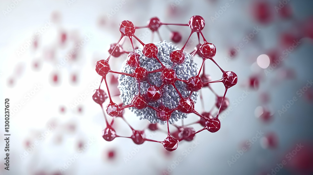 Poster three dimensional molecular structure displaying red and white spheres connected by networks over wh