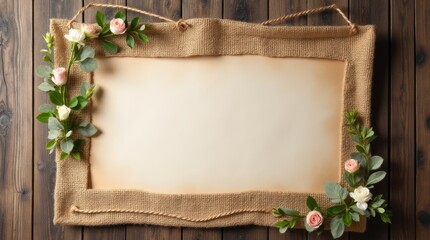 Burlap wedding expo banner with twine and floral details on wooden backdrop, capturing a rustic event charm.