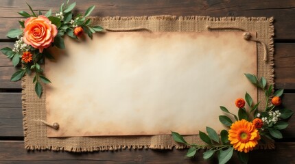 Burlap wedding expo banner with twine and floral details on wooden backdrop, capturing a rustic event charm.