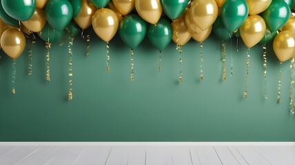 A festive display of green and gold balloons floating in the air, creating a celebratory atmosphere. There is ample copy space in the upper and lower portions of the image for event text.

