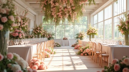 An elegant Spring Wedding Expo with pastel floral decorations, bright natural lighting, and a joyful atmosphere, celebrating the season.