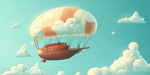 A whimsical airship floats gently above a sky filled with fluffy clouds