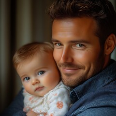 Father hugs baby indoors, soft curtain background