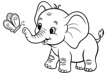 Fototapeta premium Kids' coloring page of a baby elephant with a butterfly for early learners, kids' activity books, and animal-themed coloring fun pages.