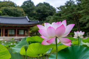 A lotus pond in full bloom, with pink and white flowers rising above the water
