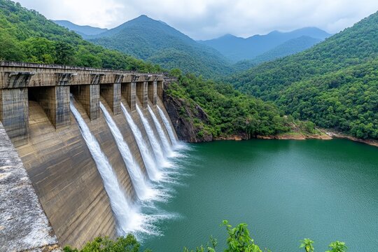 A lush green valley behind a dam, showing the contrast between the reservoir and the natural landscape