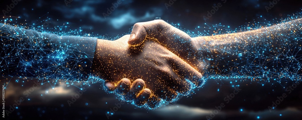 Aufkleber futuristic handshake with digital data networks representing partnership and technology