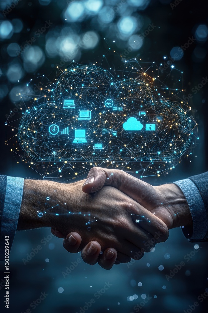 Poster business handshake concept with networking cloud technology and digital integration