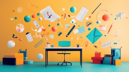 Vibrant Floating Supplies Above School Desk