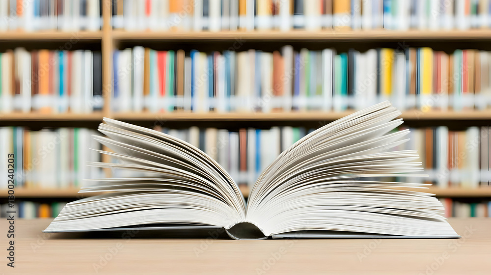 Poster opened book on wooden table with blurred bookshelf background and soft lighting