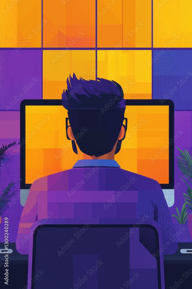 Poster back view of a person using a computer at a work desk