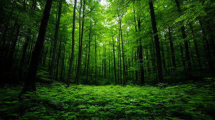 Naklejka premium Lush Green Forest Interior View With Tall Trees and Sunlight Creating a Dense Environment