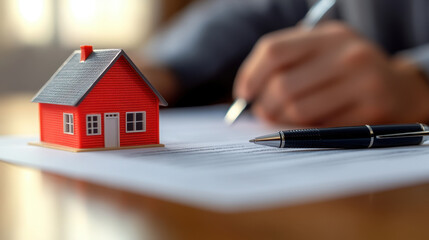 Close-up of a hand with a pen signing a contract on a table near a small red toy model home