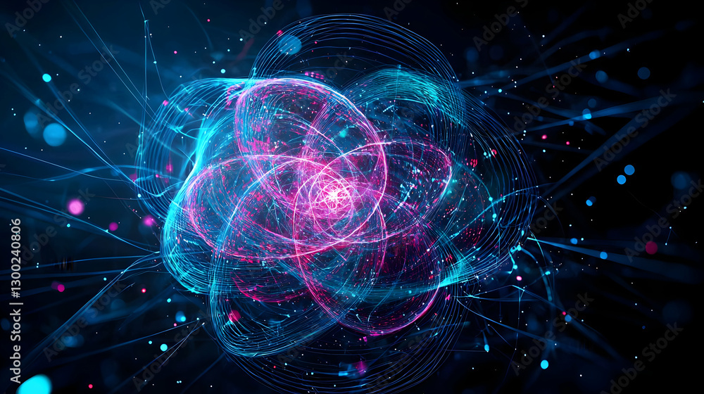 Poster abstract digital sphere with connected lines and glowing particles against a dark background