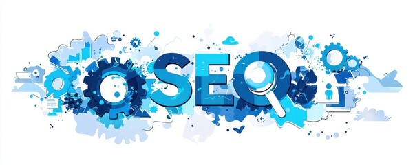 Digital illustration of SEO with vibrant blue cogs and interconnected graphics