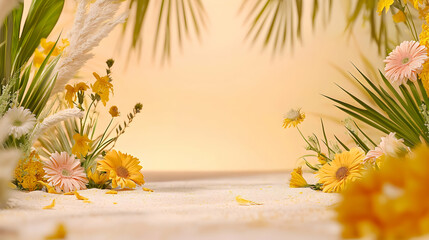 Yellow and White Floral Arrangement with Palm Leaves on a Light Background