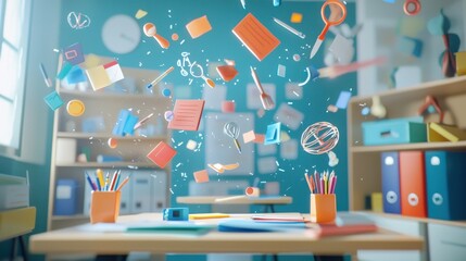 Dynamic Back-to-School Scene with Floating Academic Objects